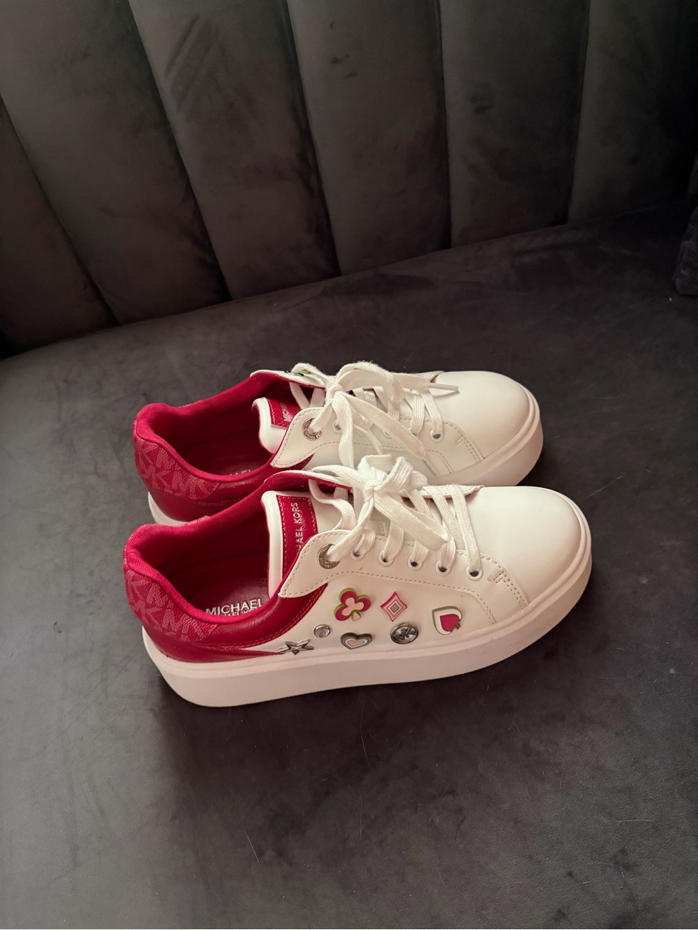 Michael Kors White Sneakers with Pink Accents and Embellished Charms